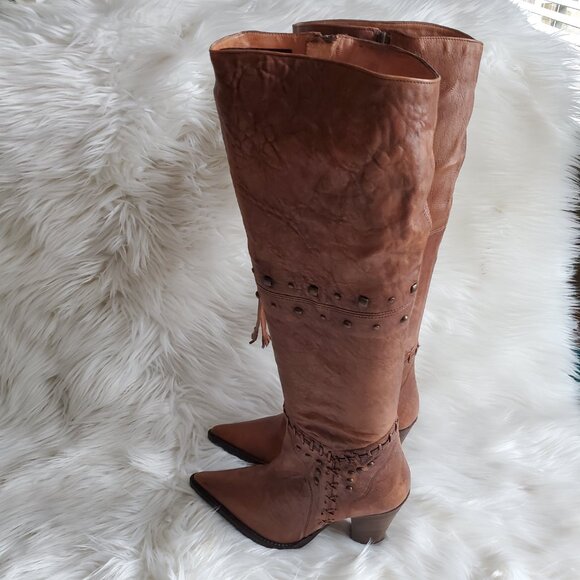 Andre' Cognac Leather Riding Studded Side Zipper Knee High Boot SZ 8 - Picture 5 of 16
